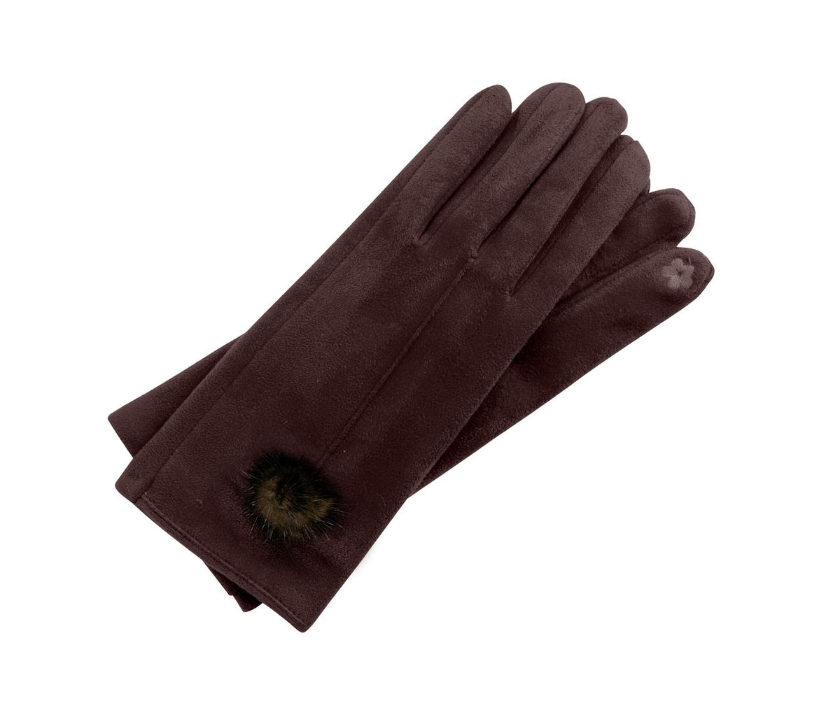 Women's black Ultrasuede touchscreen gloves with a fur ball accent on the fingertips.