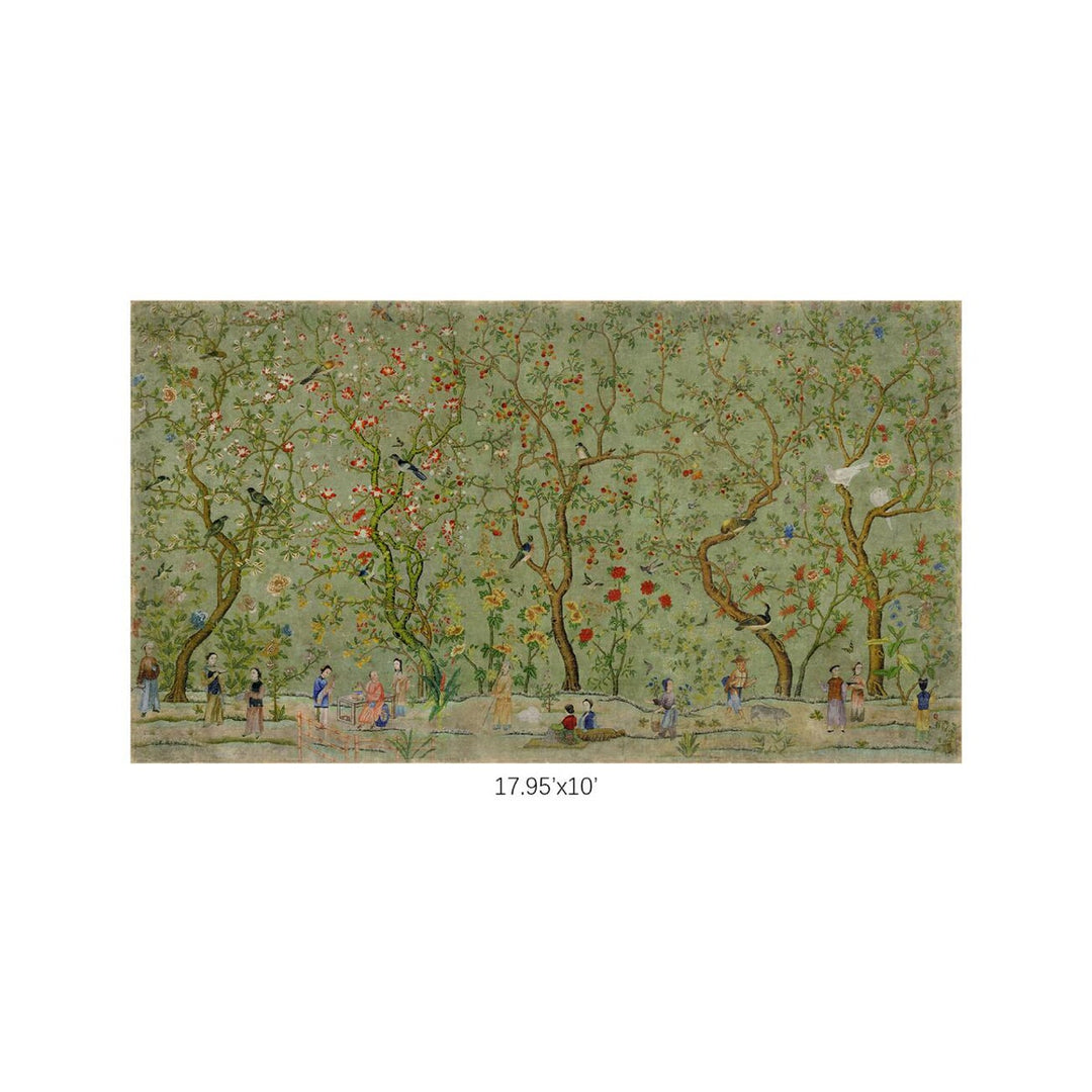 Green wallpaper with Chinese scenic floral patterns on a white background.