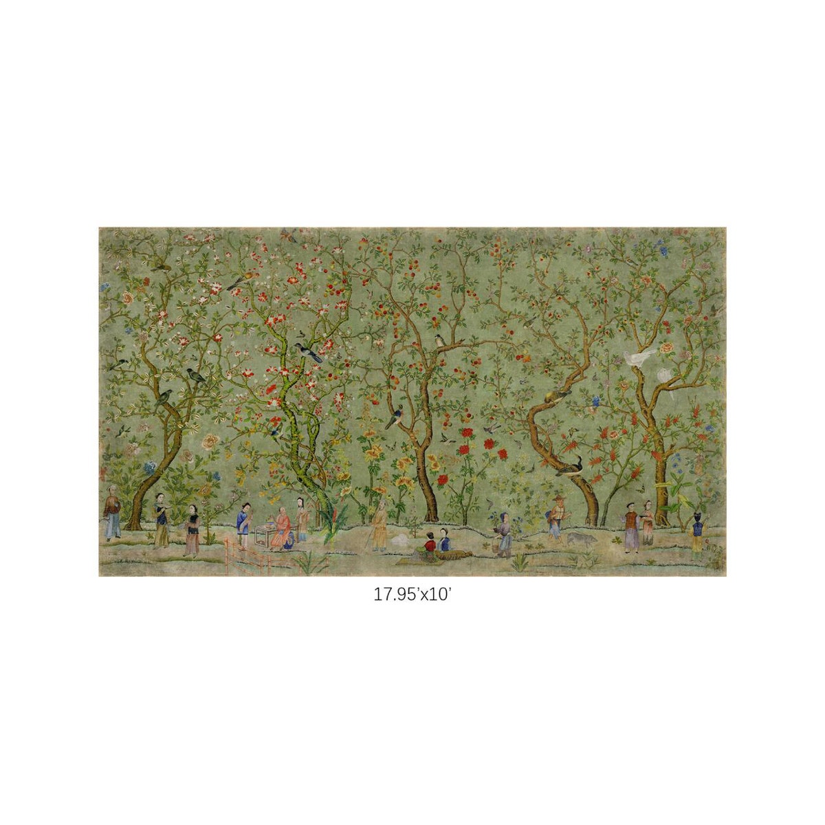 Green wallpaper with Chinese scenic floral patterns on a white background.
