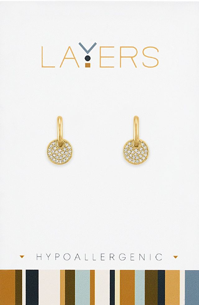 Gold CZ Coin Huggie Layers Earrings featuring small gold hoops with crystal-encrusted coin charms.