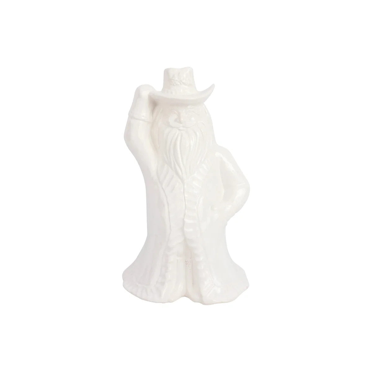 White Italian stoneware figural Cowboy Santa figurine with a wide-brimmed hat and long beard.