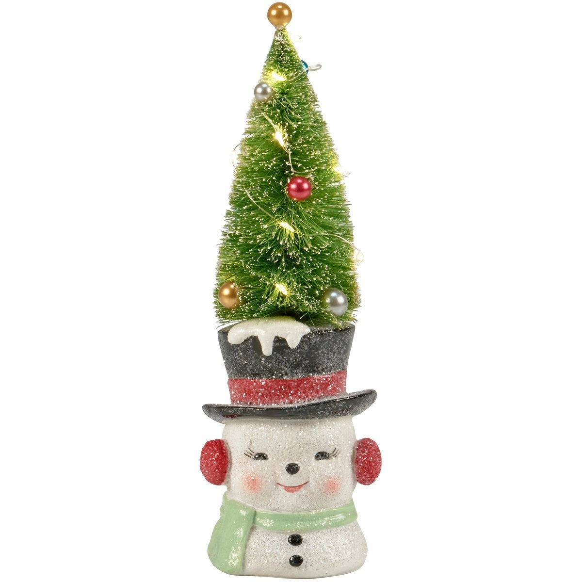 Lighted snowman figurine wearing a top hat with a decorated bottle brush Christmas tree on top.