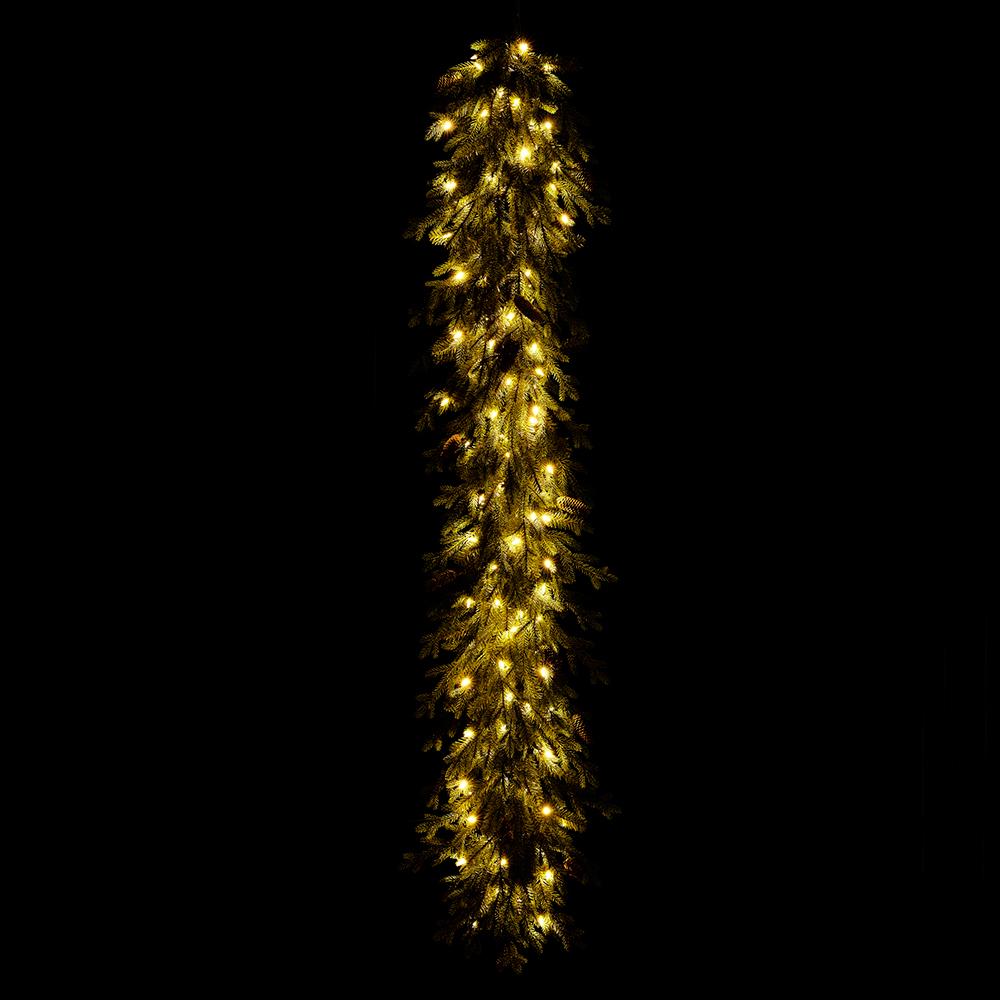 6' Spruce and pine cone garland with 100 warm white LED lights glowing against a black background.