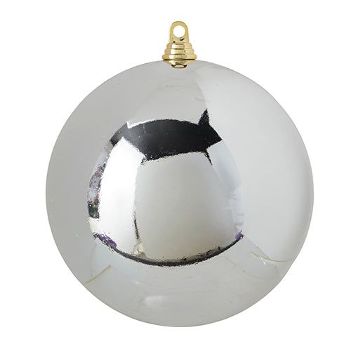 Ten-inch shiny silver plastic ball ornament with a reflective spherical surface.