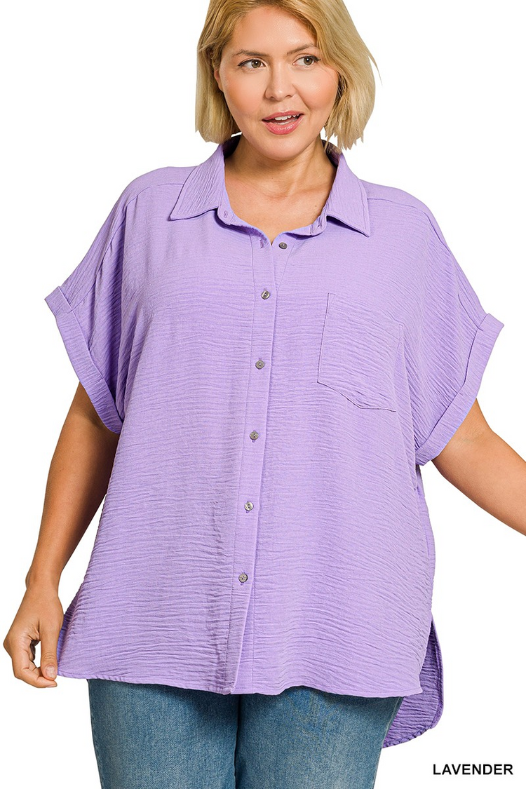 Plus size lavender woven airflow button-down shirt with a classic collar and front pocket.