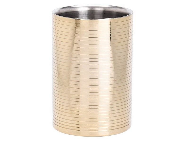 Cylindrical gold-toned stainless steel wine cooler with a horizontal ribbed texture.