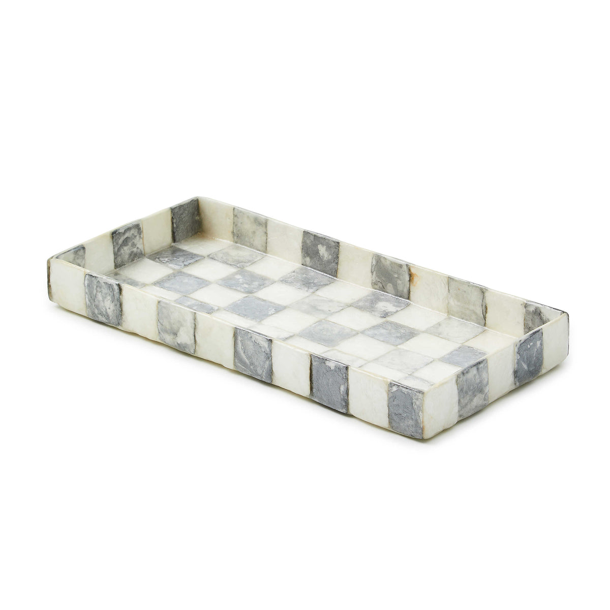 Rectangular Sterling Check Capiz Vanity Tray with a grey and white checkered pattern.