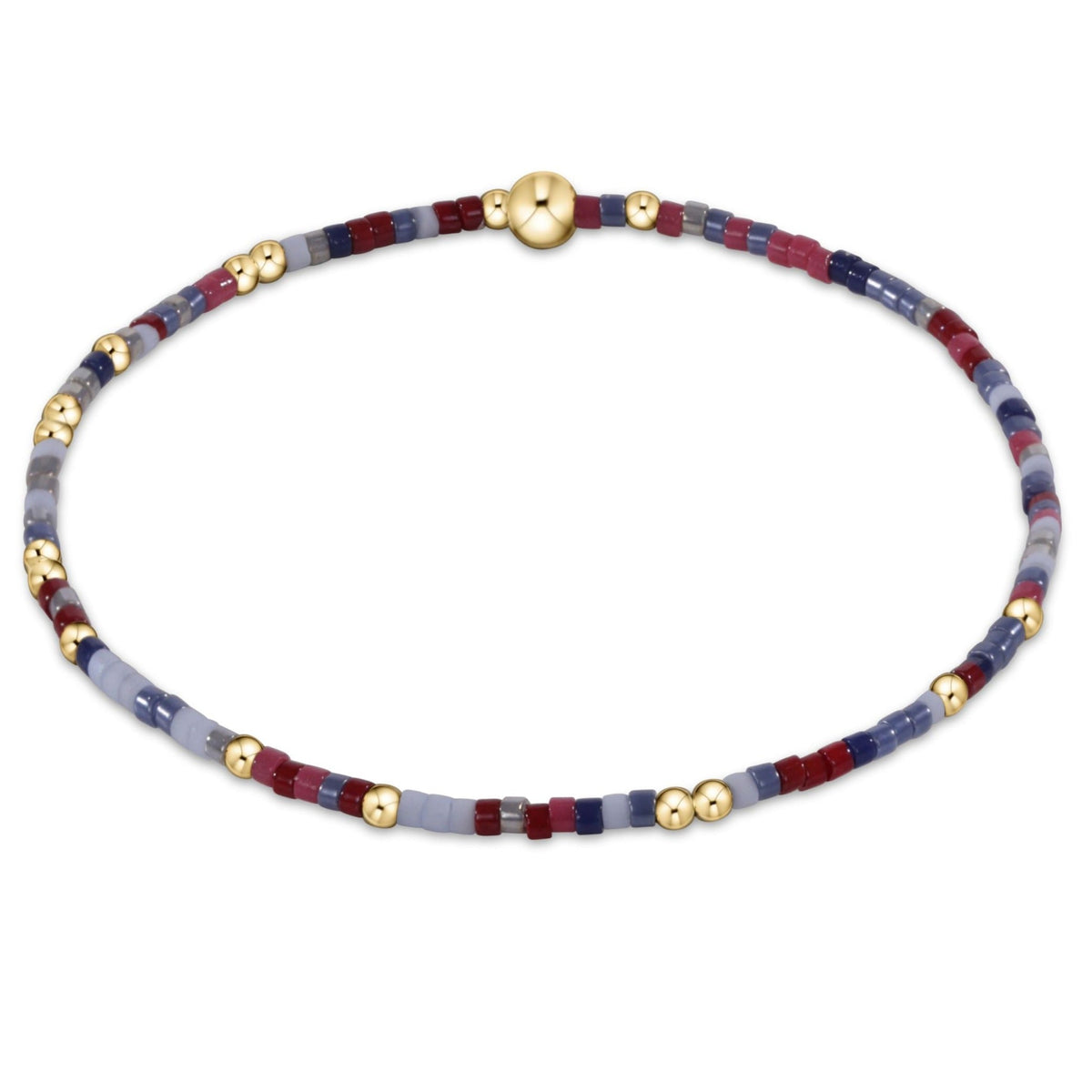 Hope Unwritten bracelet featuring mixed seed beads in various colors with gold-filled accents on elastic cord.