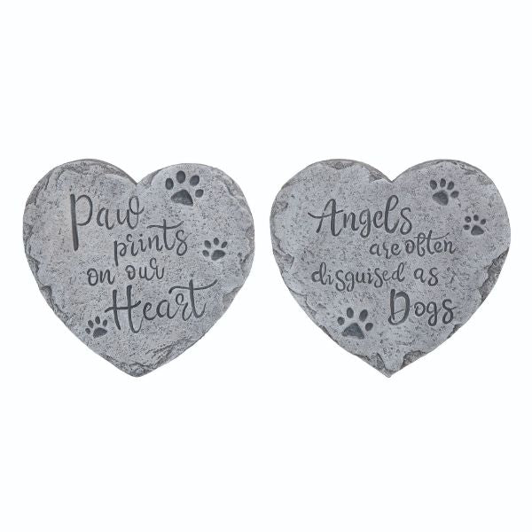 Cement stepping stone memorial pet marker in gray with engraved paw print detail