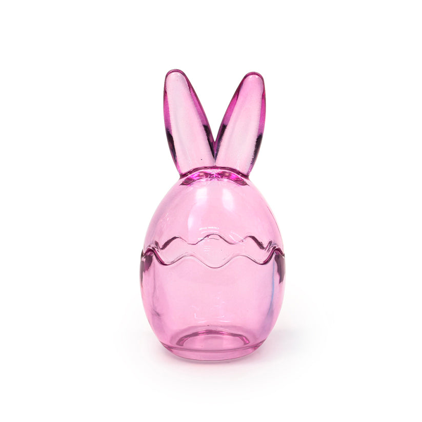 Pink glass Easter egg shaped accessory with bunny ears and wavy line detail.