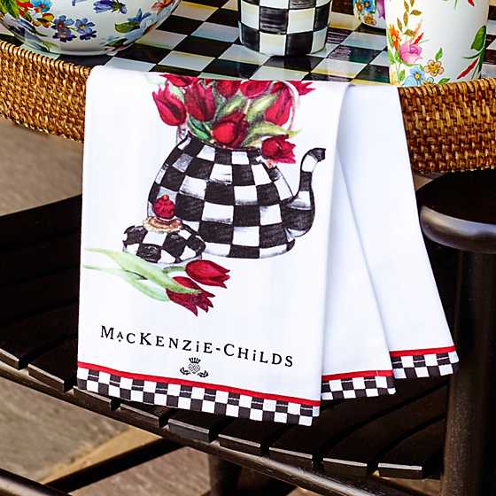 Tulip Tea Kettle dish towel in white cotton with a printed illustration.