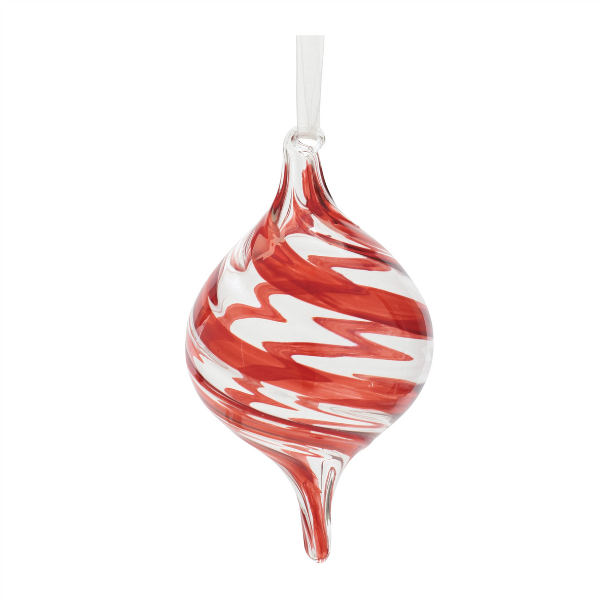 Red and white swirl glass drop ornament with a clear hanging loop and white ribbon.
