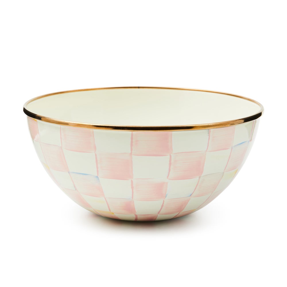 Hand-painted Rosy Check enamel bowl with a bronzed stainless steel rim on a white background.