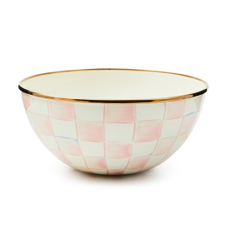 Hand-painted Rosy Check enamel bowl with a bronzed stainless steel rim on a white background.