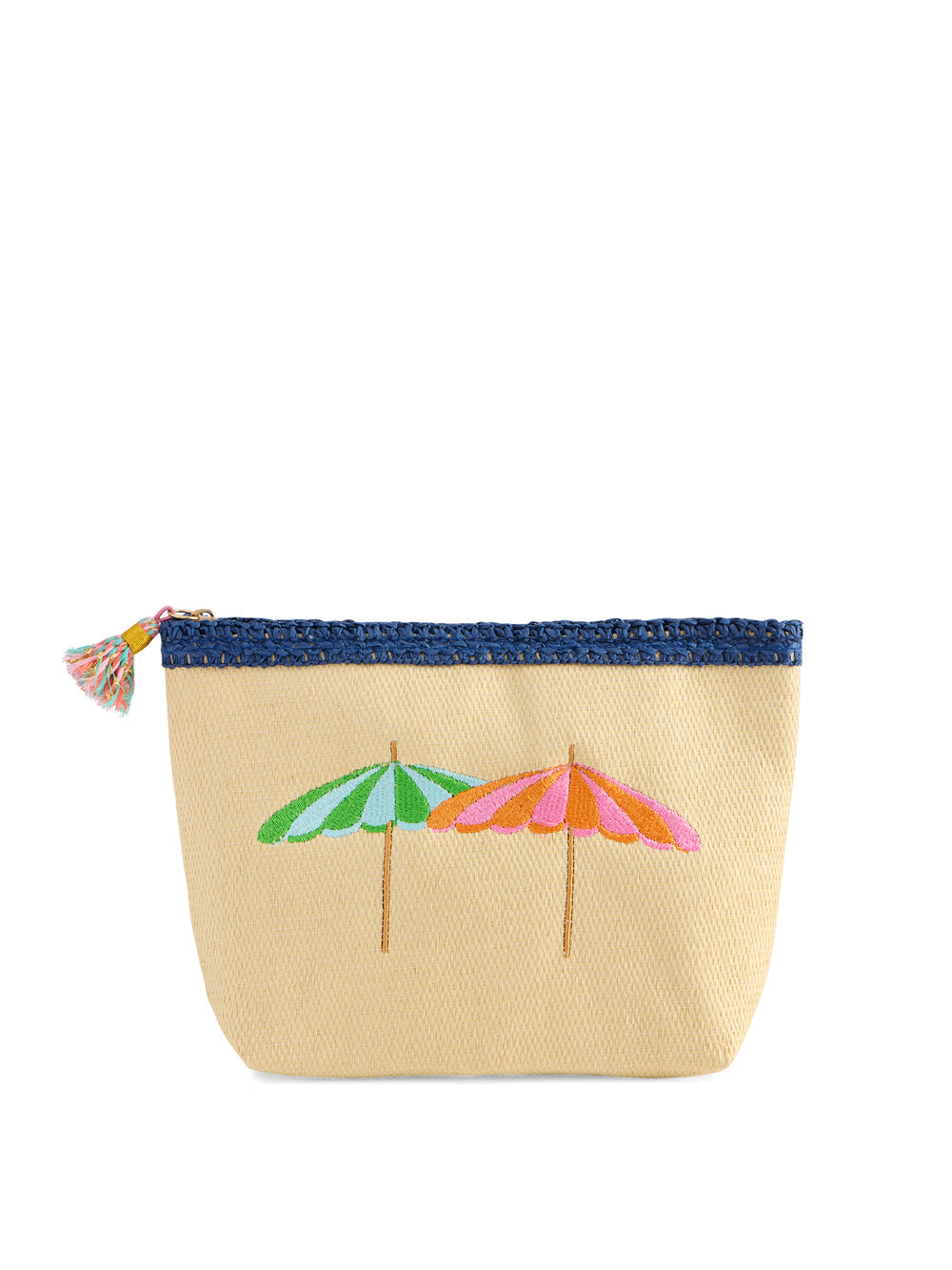 Capri Zip Pouch made of beige paper straw with embroidered beach umbrellas and a tassel zipper pull.