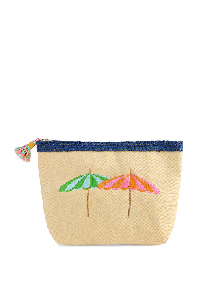 Capri Zip Pouch made of beige paper straw with embroidered beach umbrellas and a tassel zipper pull.