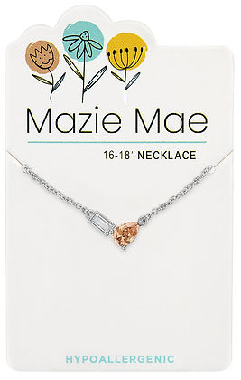 Silver necklace with a vintage rose pear-shaped stone and a clear baguette stone on a display card.