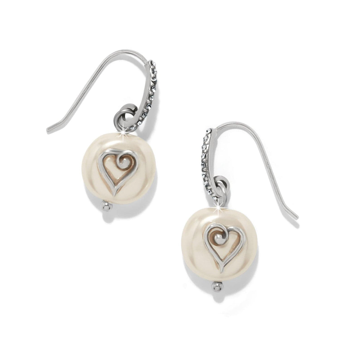 One Heart Pearl French Wire Earrings with silver-plated heart charms and coin glass pearls.