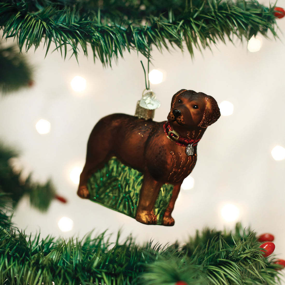 Standing chocolate brown Labrador retriever ornament with detailed fur texture.