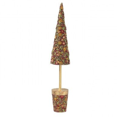 Resin floral blossom holiday tree with a cone-shaped top and matching base on a gold stem.