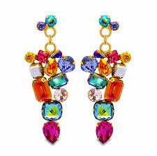 Aviva Earrings featuring a colorful cluster of multi-shaped crystals in a gold-tone drop design.