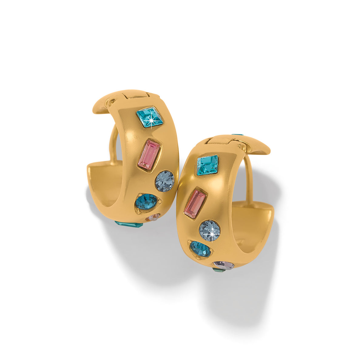 Gold-plated hoop earrings featuring multi-colored fine quality crystals with a post back.