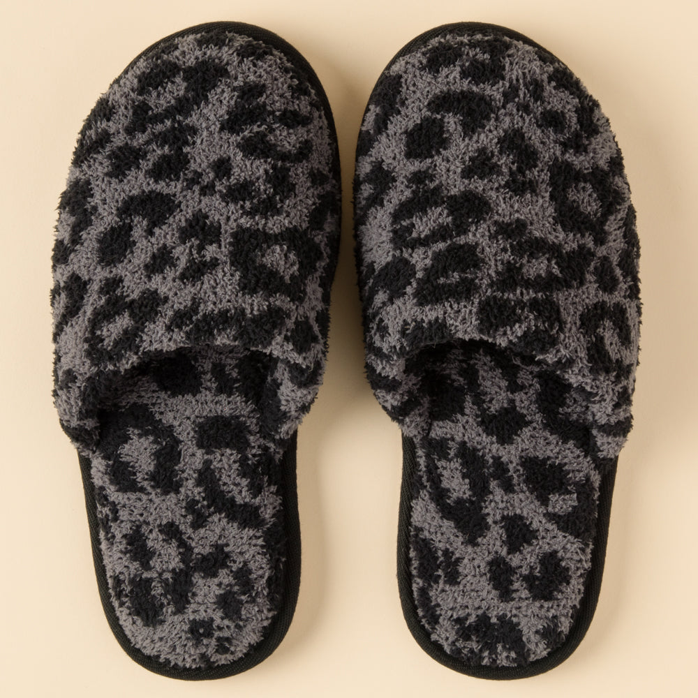 Slip-on leopard print slippers with plush lined marshmallow fabric sole
