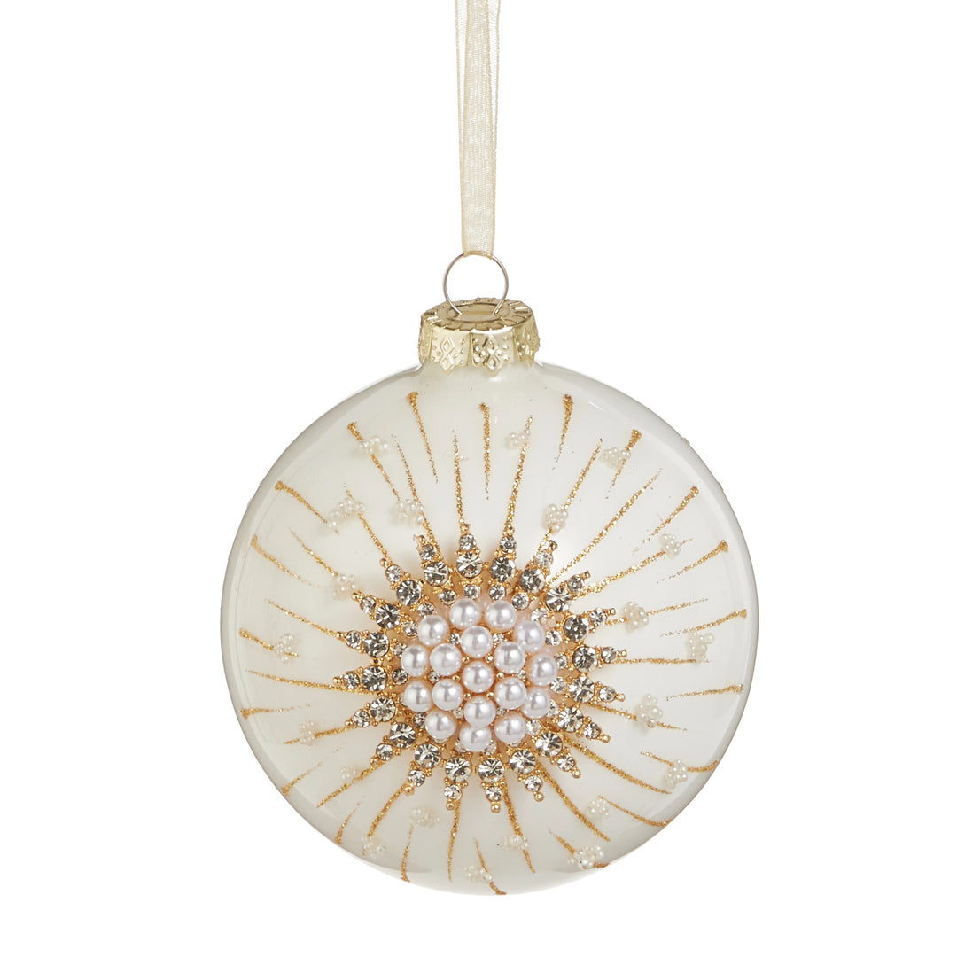 4.5-inch white glass ball ornament with a gold glitter starburst, pearls, and rhinestones.