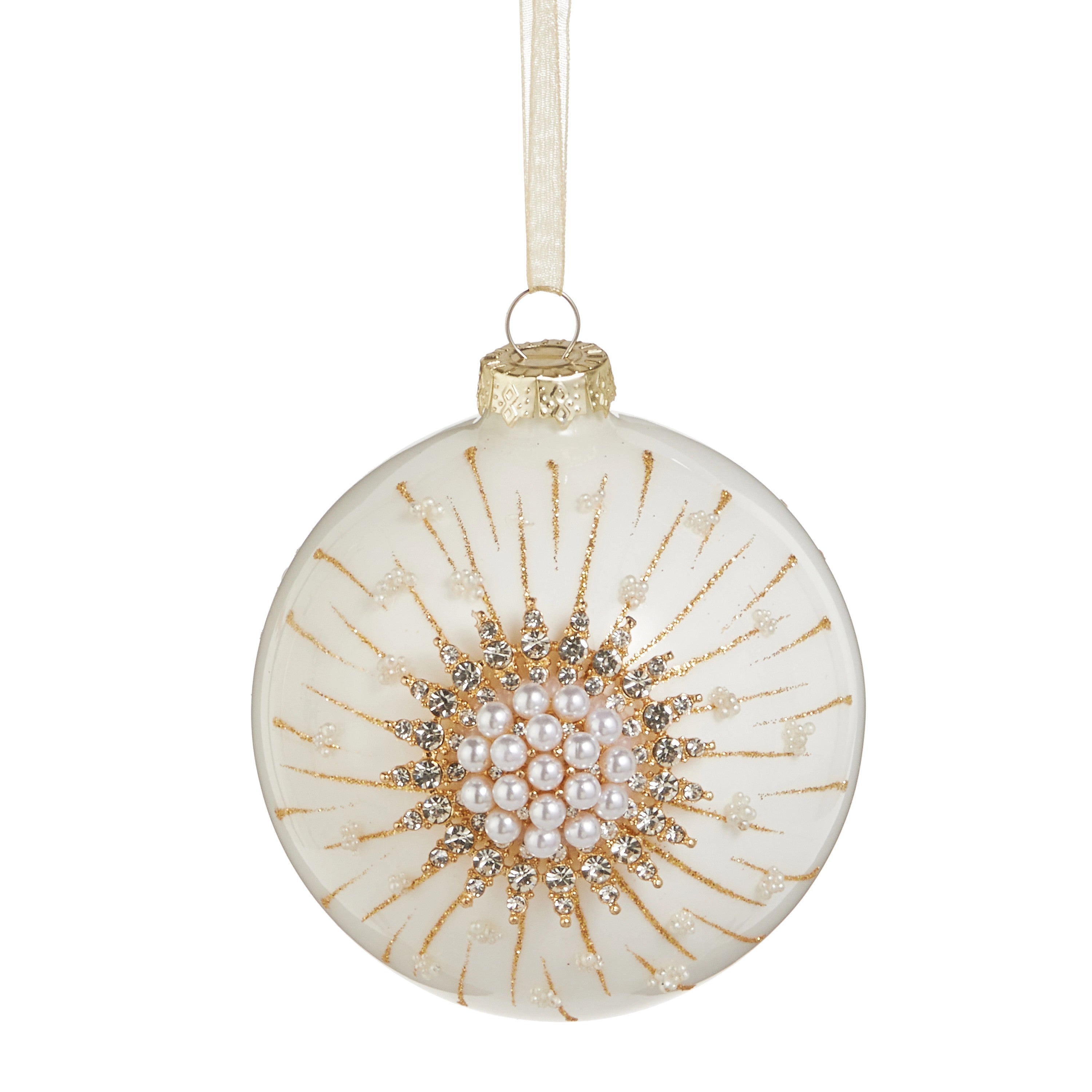 4.5-inch white glass ball ornament with a gold glitter starburst, pearls, and rhinestones.