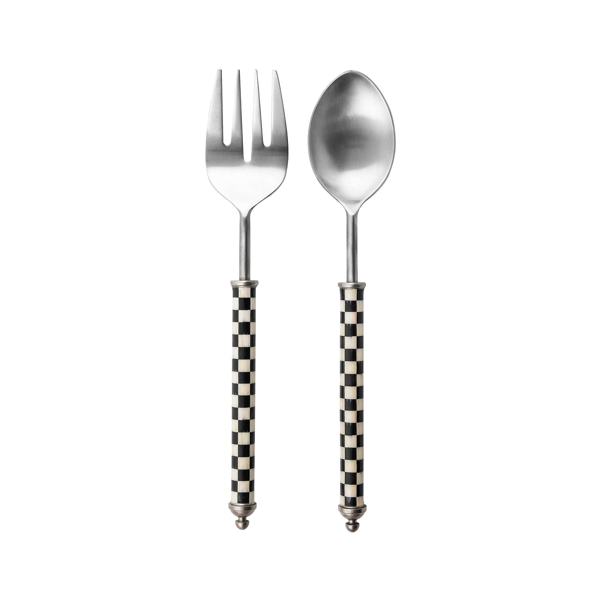 Courtly Check Supper Club Salad Serving Set with black and white checkered handles.