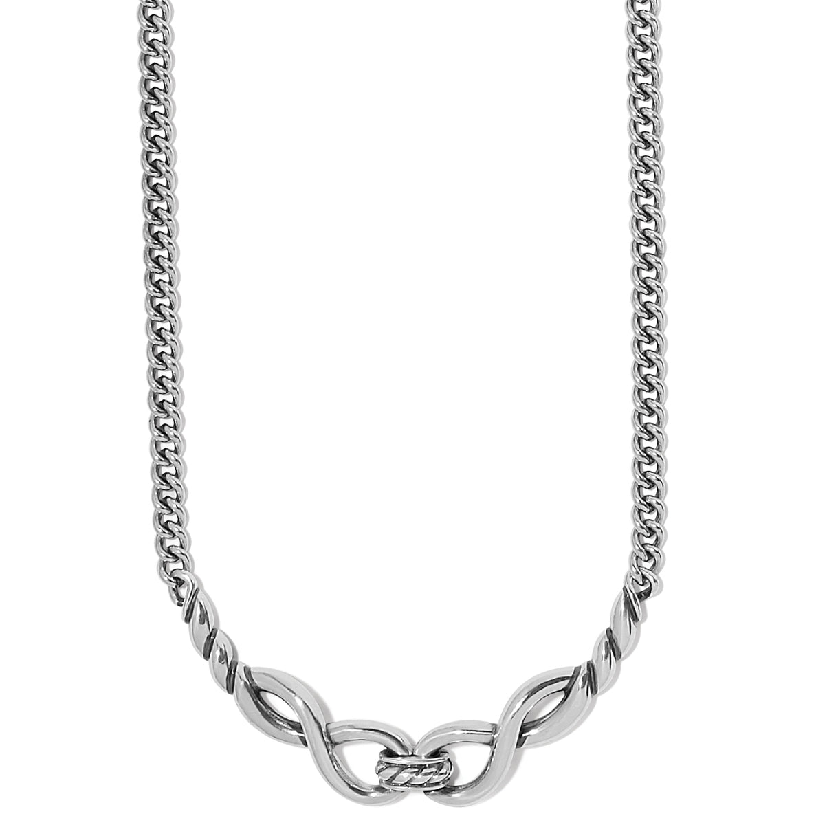 Silver plated adjustable lobster claw collar necklace with infinity link chain.