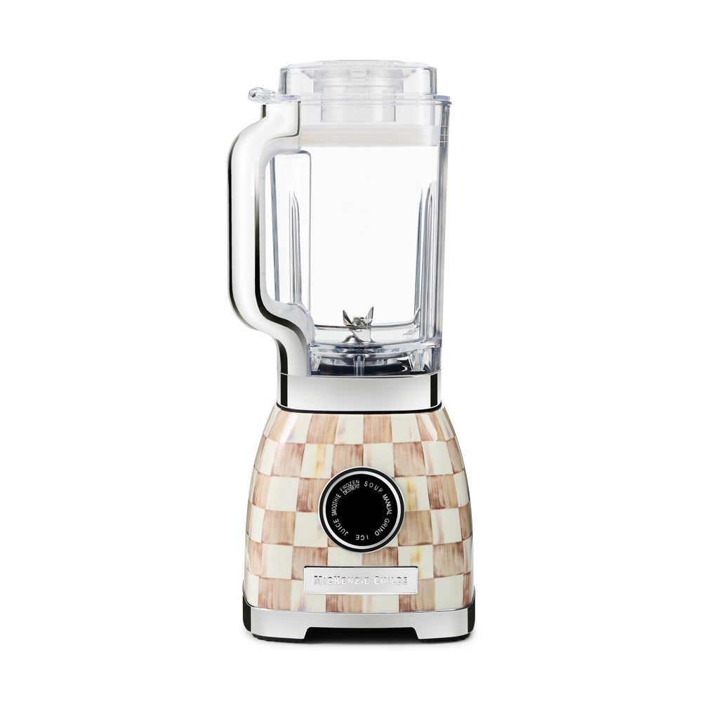 Mocha Check Blender with a checkered pattern base, clear Tritan pitcher, and chrome accents.