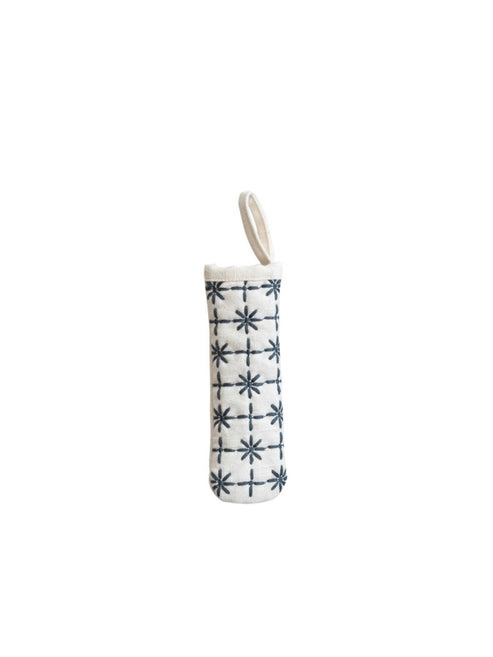 Cotton pot handle cover with embroidered floral pattern and hanging loop