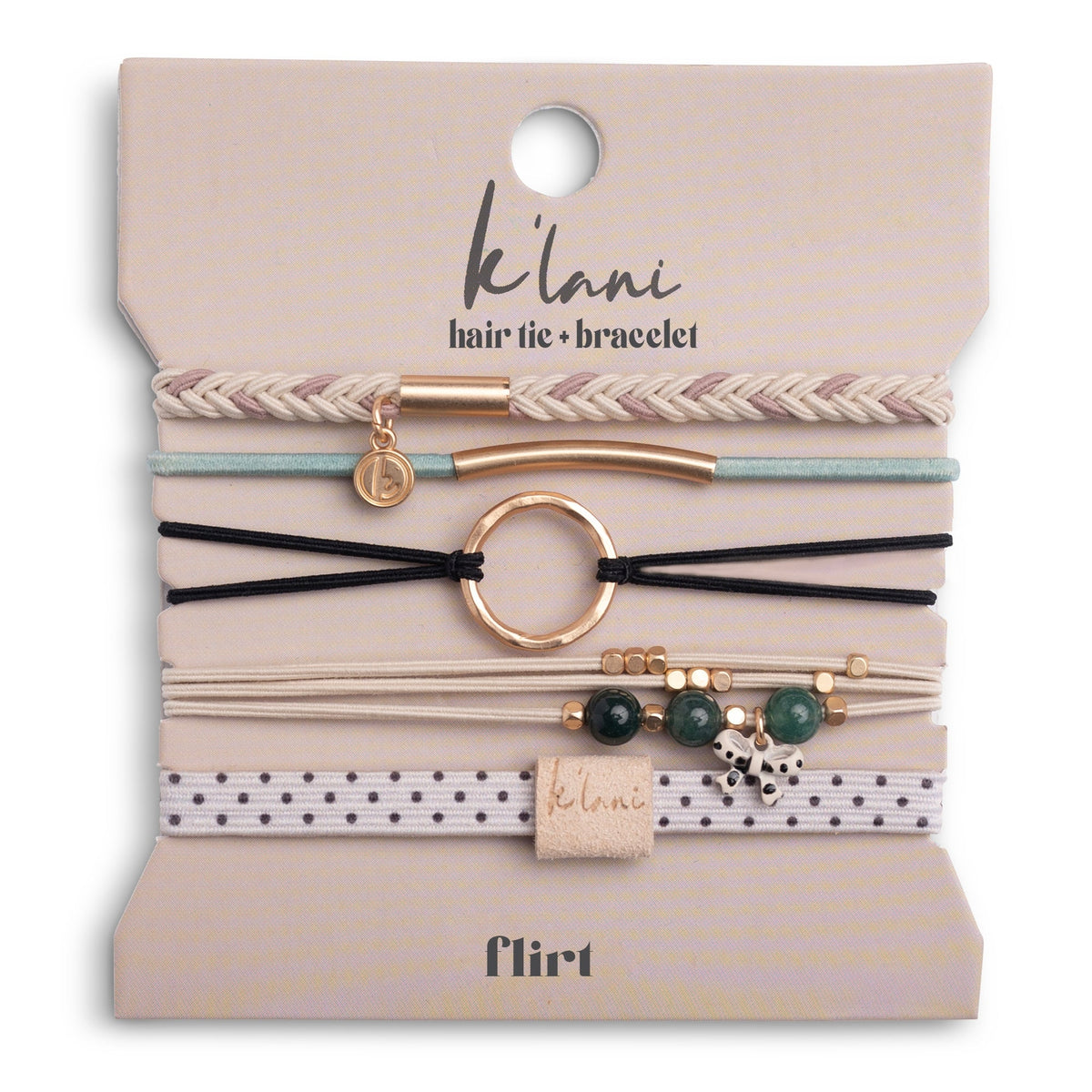 Flirt Hair Tie Bracelet set with five assorted bands in pink, teal, black, and polka dot patterns.