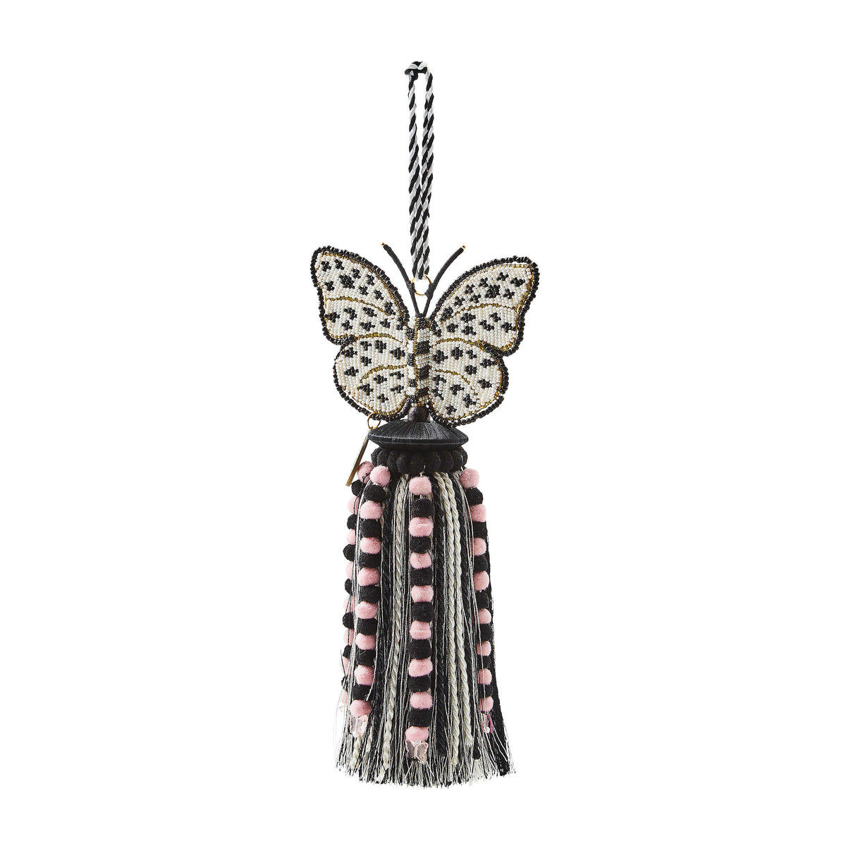 Butterfly Beaded Tassel with black and white beaded wings and a pink and black pom-pom tassel.