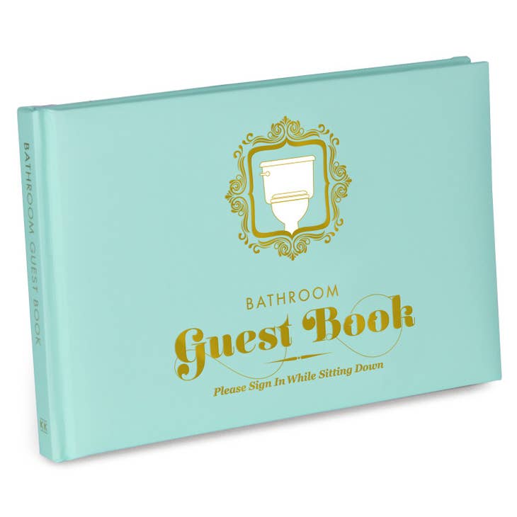 Bathroom guest book with padded hardcover, foil stamping, ribbon marker, and lined pages.