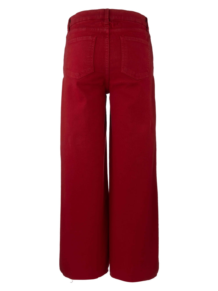 Back view of Meg high-rise wide leg jeans in a rich red wash with a raw hem.