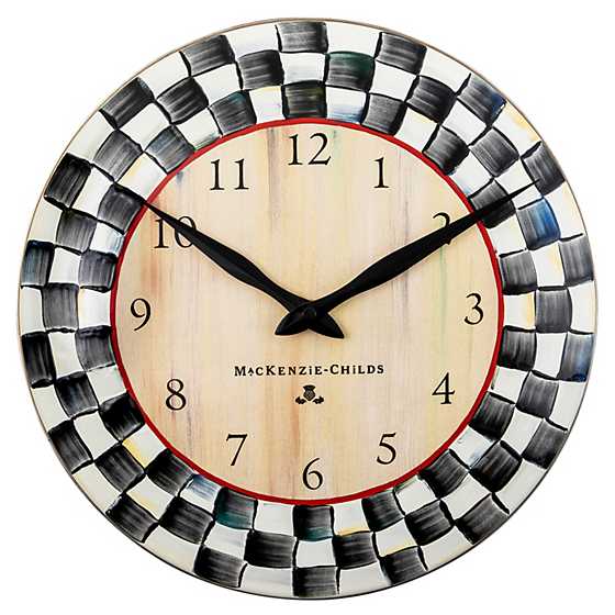 Courtly Check Enamel Clock with hand-painted black and white checks and a bronzed rim.