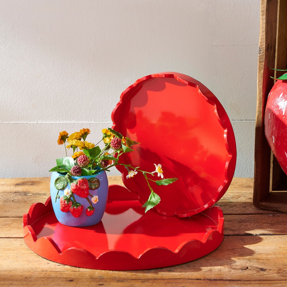 Round red MDF tray with scalloped edge detail