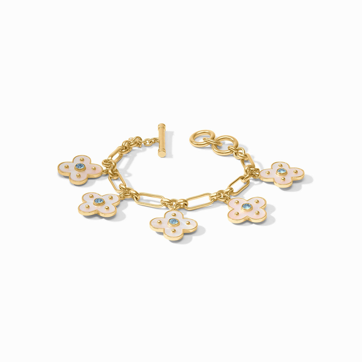 Colette charm bracelet featuring a toggle clasp with mother-of-pearl accents and cubic zirconia stones on gold-plated links.