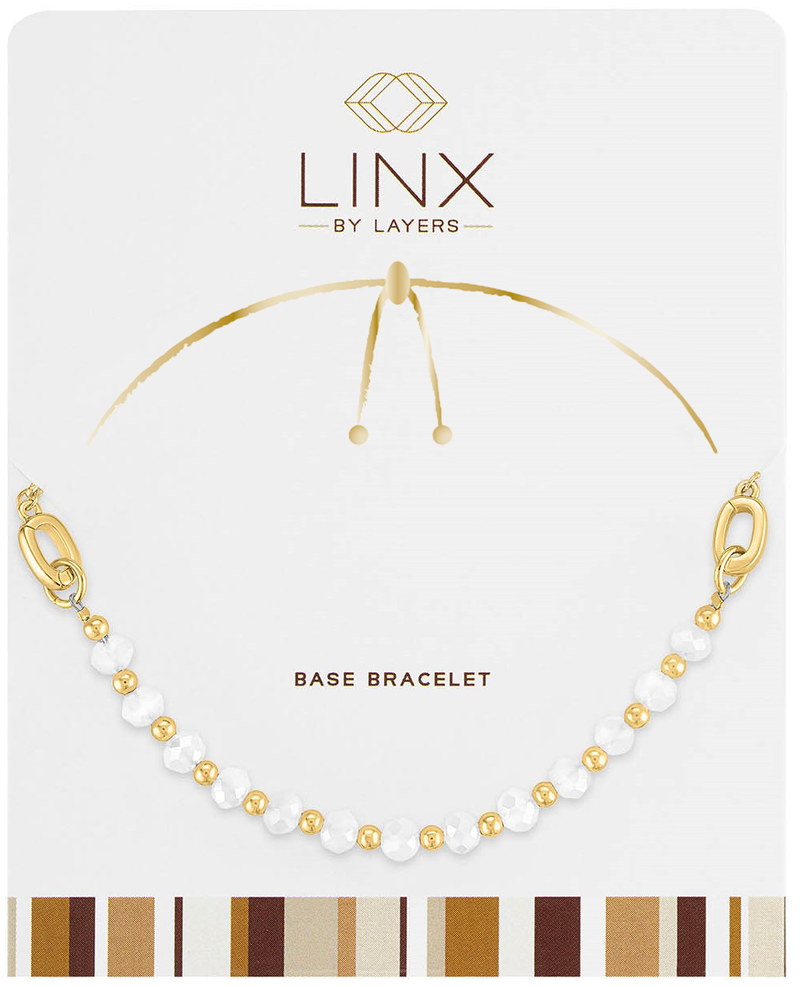 Gold and white faceted bead LINX base bracelet on a white display card.