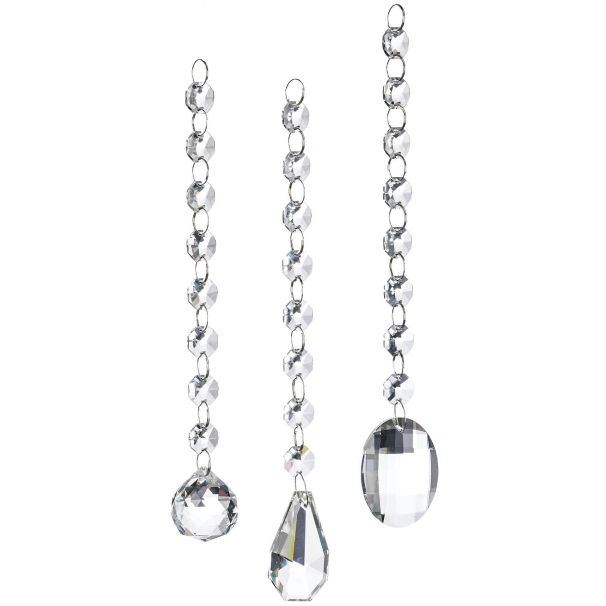 Three crystal drop ornaments with faceted glass beads and different shaped pendant ends.