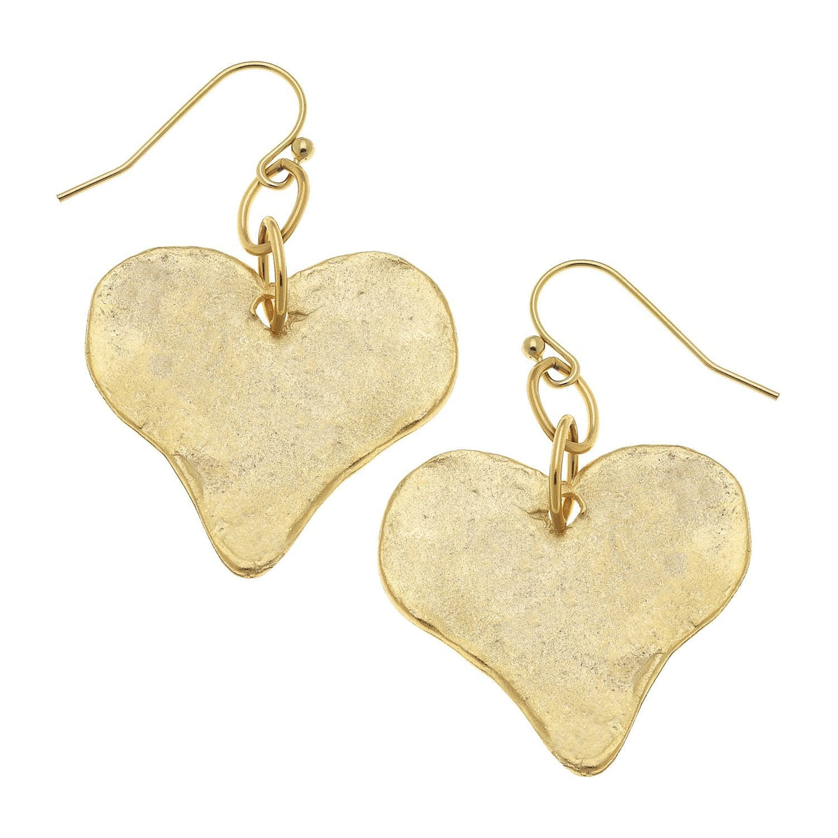 Gold heart-shaped drop earrings with a textured, hand-cast finish and fish hook backs.