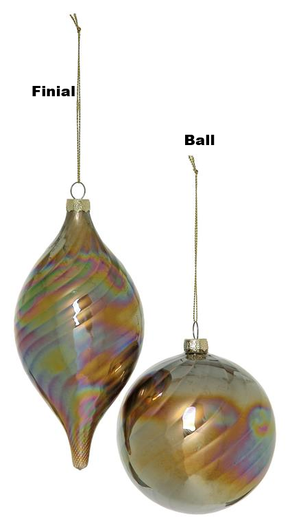 100MM Iridescent Pearl Swirl Hazelnut Ornament in finial and ball shapes with gold hanging strings.