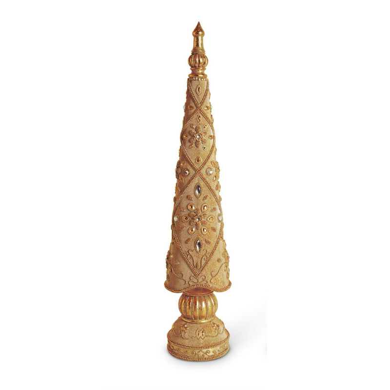 Antique gold resin Christmas tree with intricate jeweled accents and a decorative pedestal base.