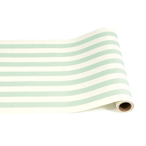 Classic table runner with light green and white horizontal stripes on a roll.