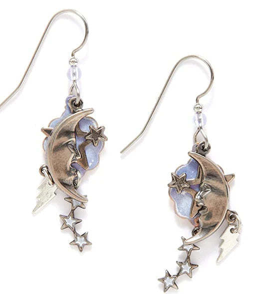 Crescent moon, stars, and lightning bolt drop earrings with surgical steel earwires.