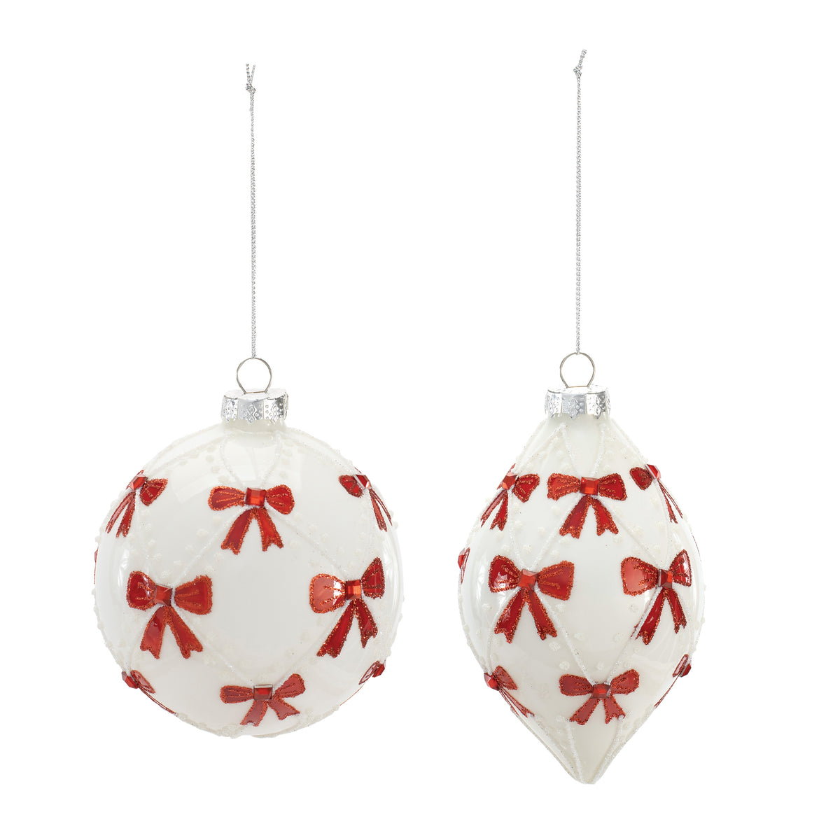 White glass Christmas ornaments with red glittery bow details, available in round and teardrop shapes.