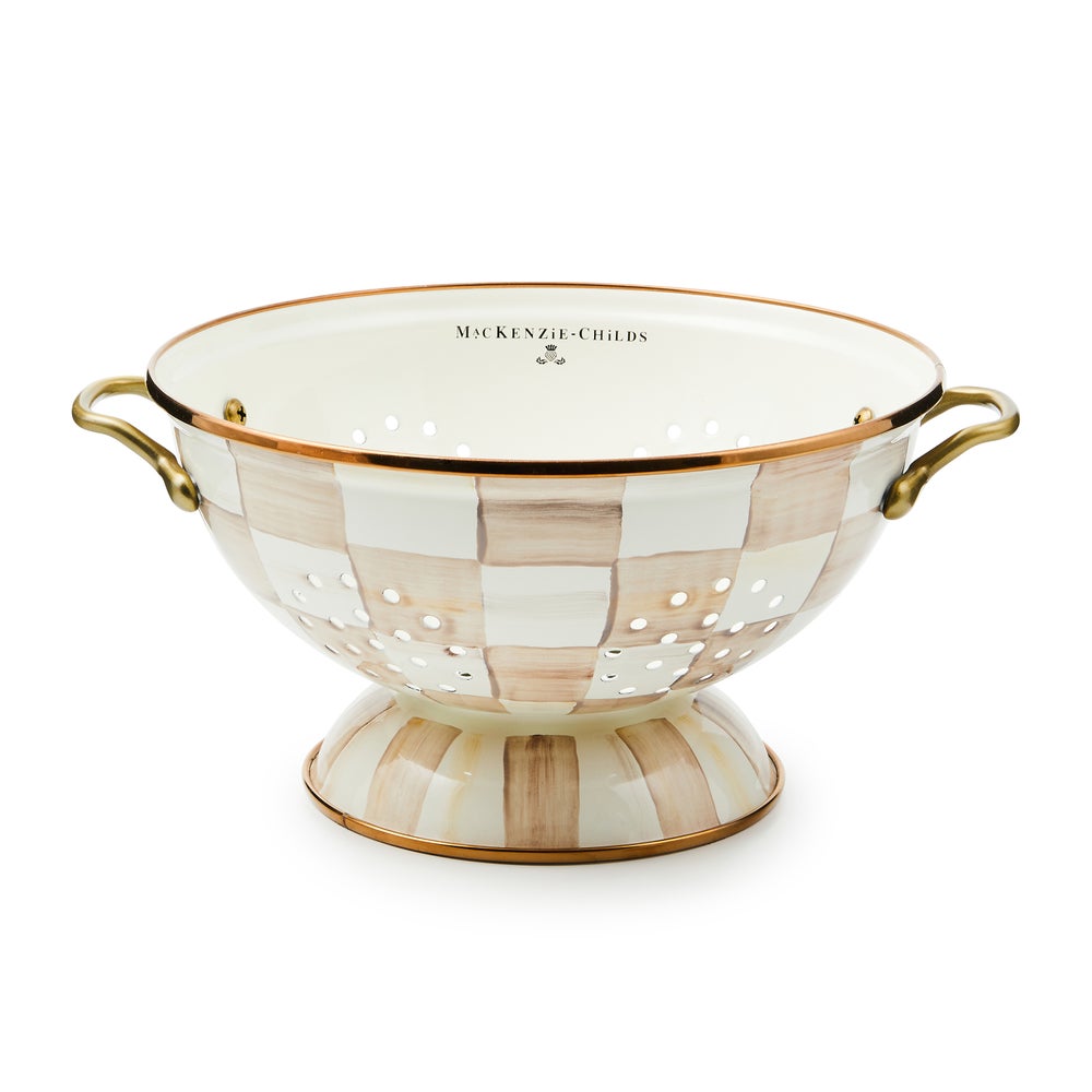 Mocha Check Large Colander with hand-painted tan checks, brass handles, and bronzed steel rim.