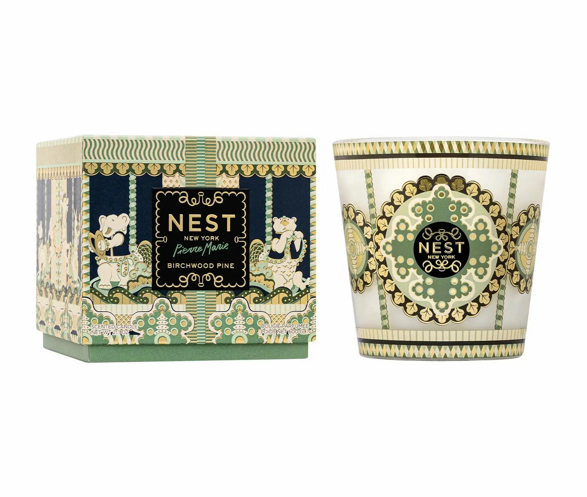 NEST New York Birchwood Pine 3-wick candle and decorative carousel-themed gift box.